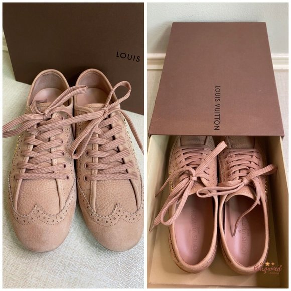 Authentic Louis Vuitton Soft Pink Leather Wing Tip Flat Sneakers Size 37/7 - Picture 12 of 13